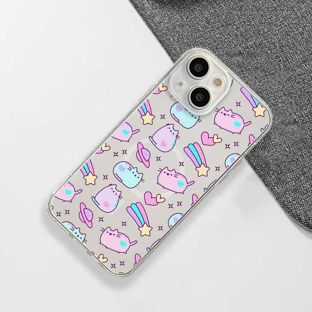 Cute Cartoon Cat P-Pusheens Phone Case For IPhone 15 14 13 12 11 Transparent Magnetic Suction Cover