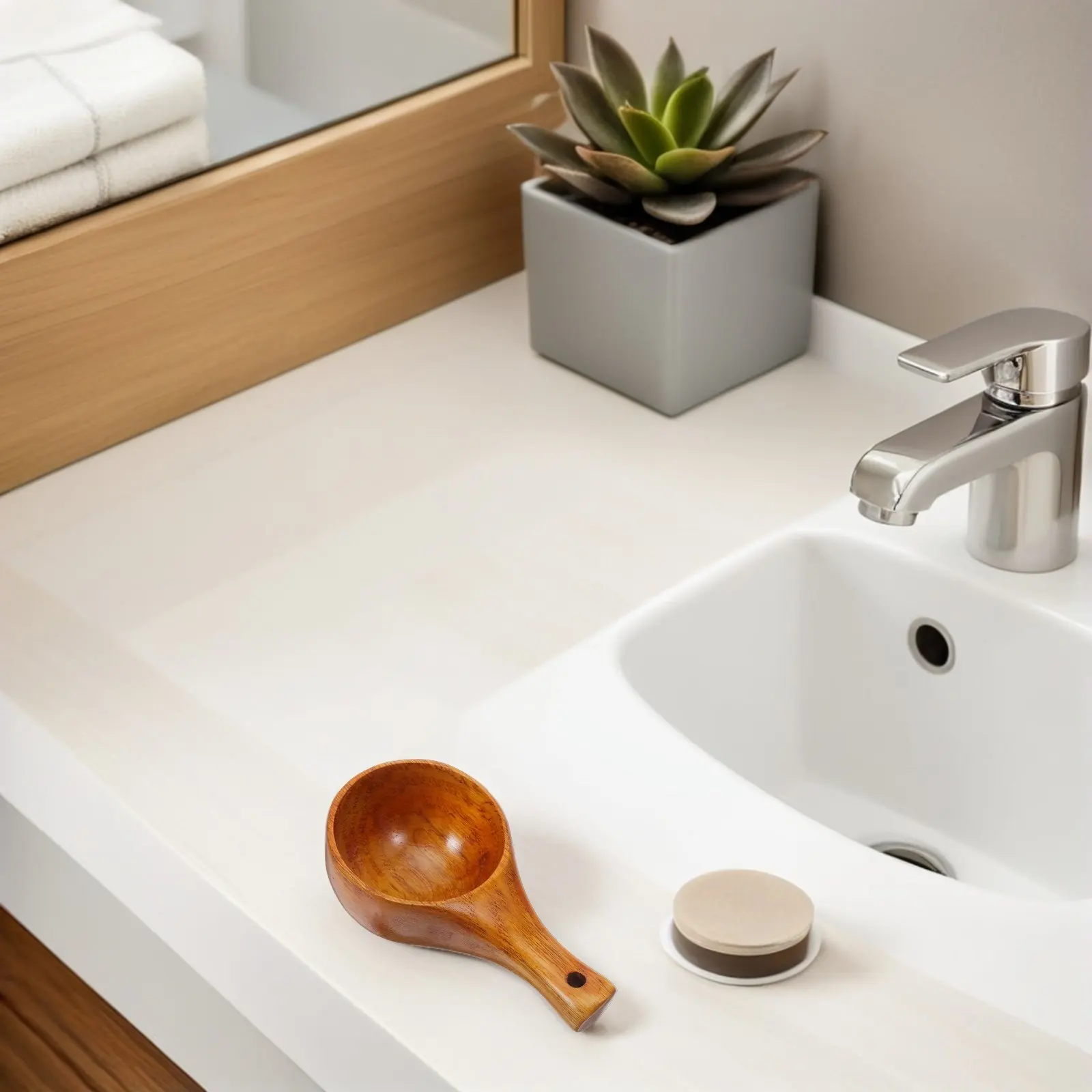 Large Wooden Bath Ladle Light Wood Scoop Ergonomic Handle Multipurpose Wooden Water Scoop for Sauna Bath Salts Rice Cooking