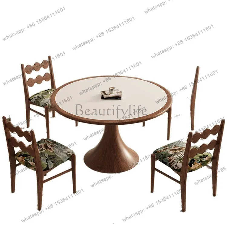 

Solid wood slate dining table round home French cream medieval style small apartment embedded round table