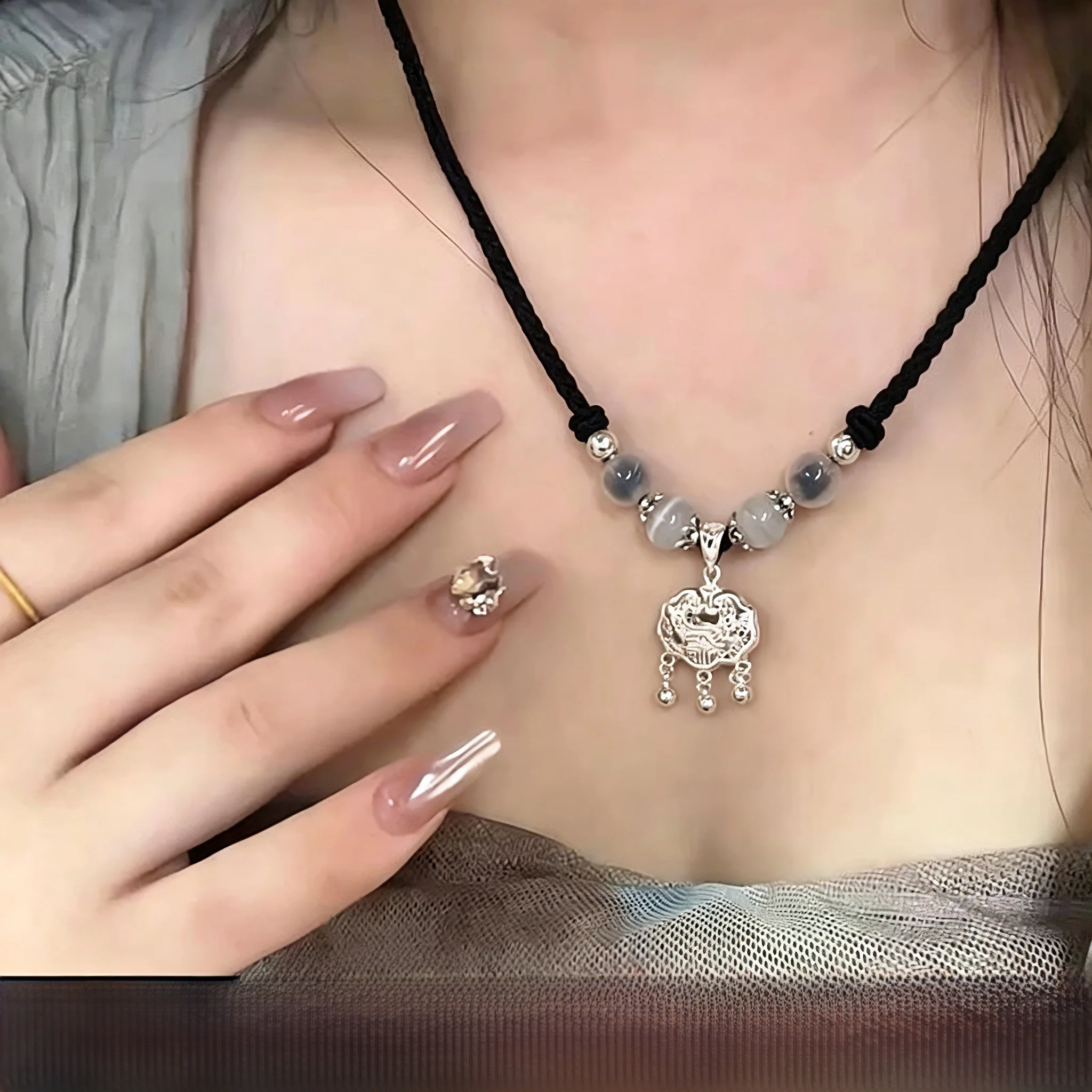 pure-silver-weaving-lock-necklace-women's-s999-fuzhen-silver-baby-longevity-lock-pendant-birthday-gift-simple-style-cotton-li
