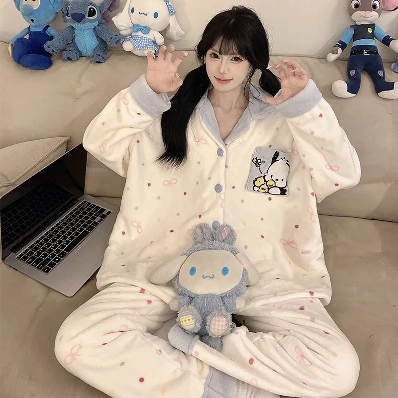 لطيف مرحبا كيتي الإناث الفانيلا منامة دعوى الخريف الشتاء الحلو الكرتون الفتيات طويلة الأكمام رشاقته الدافئة سترة صالة الملابس