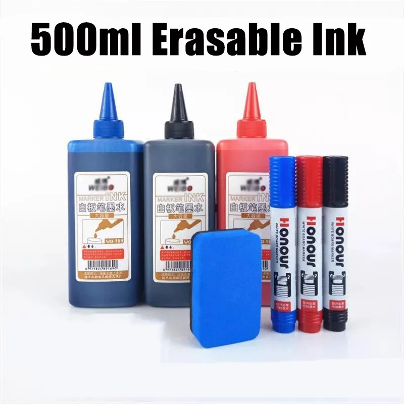 

Large Capacity 500ML Whiteboard Ink Erasable Marker Pen Ink Supplementary Ink Friendly Filling Solution Blue Black Red