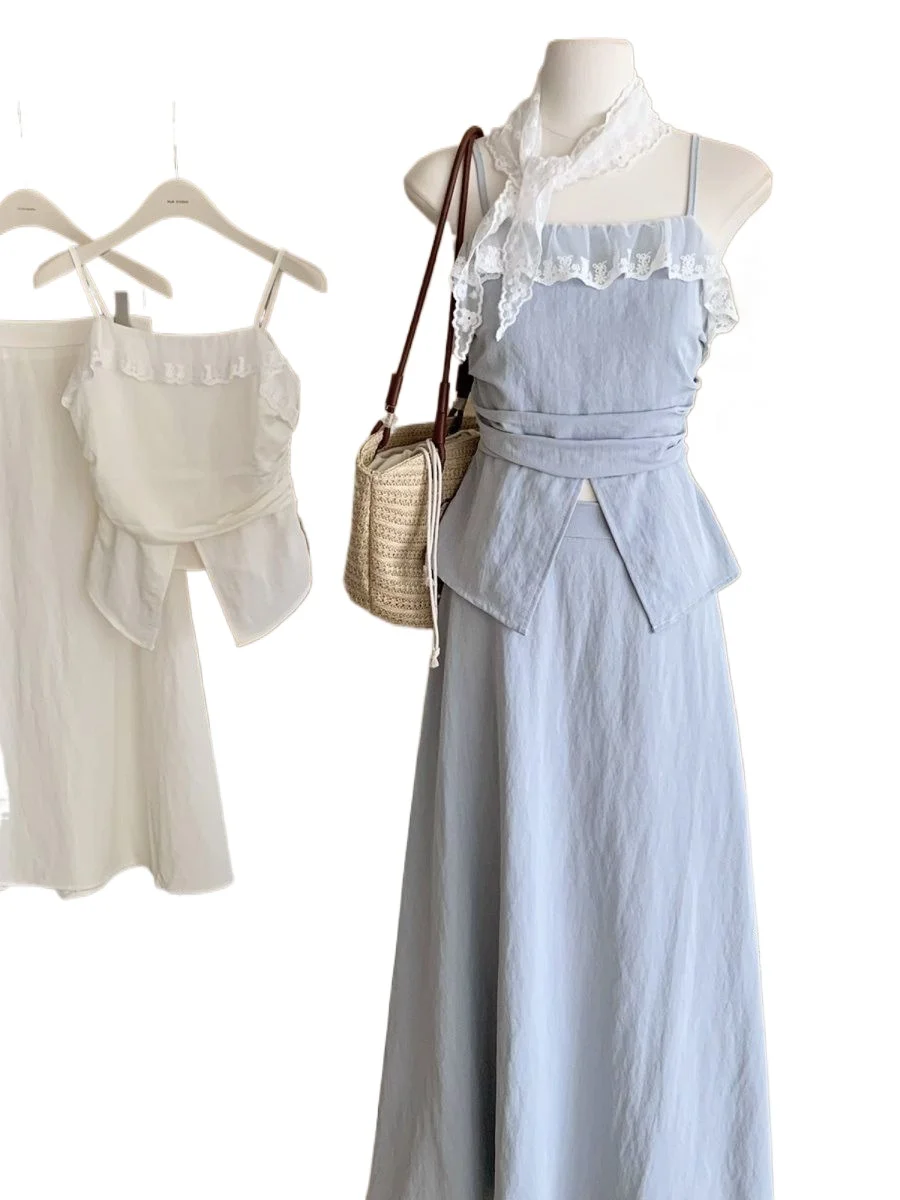 

2025 Korean Style Small Fresh Lace Camisole High Waisted Top for Women+ Simple Solid Color A-line Skirt Half Skirt Fashion Set