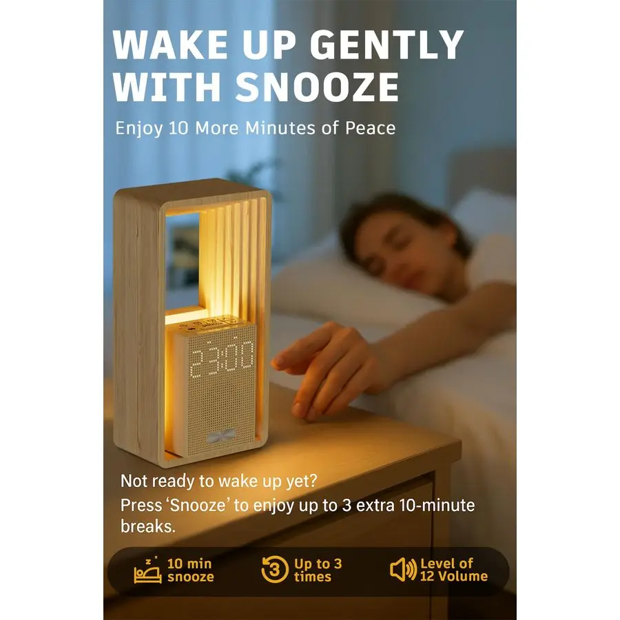 ساعة منبه مع ضوء WakeUp آلة صوت منبه مزدوج مع شاحن USB، 9 أصوات نوم، ضوء ليلي، شاشة عكس الضوء، توقيت تلقائي