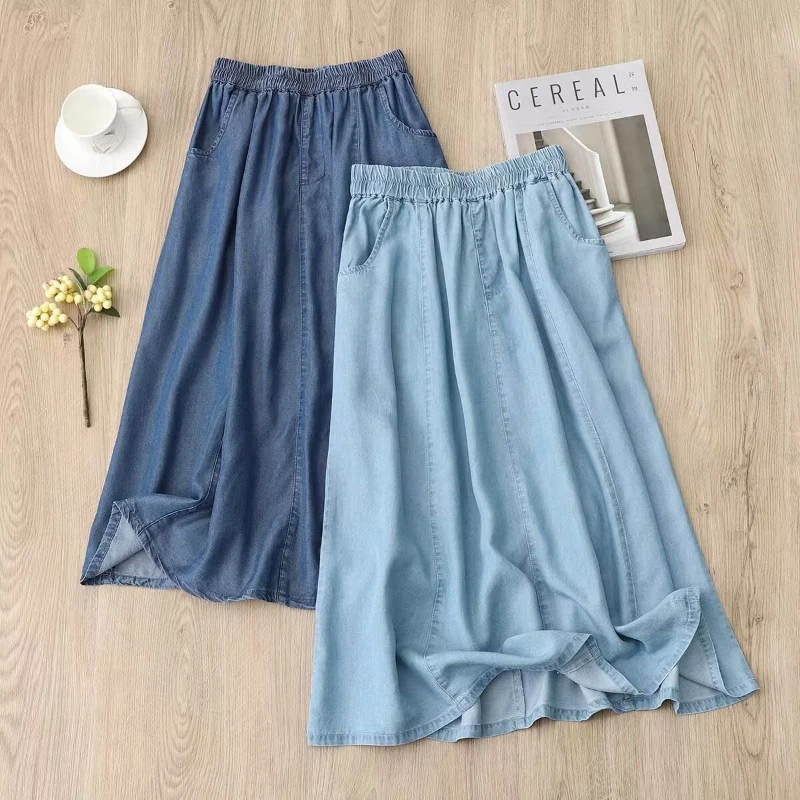 Soft Denim Skirts for Woman Loose Fashion Summer New Waist Elastic A-line Skirt Pocket Design Blue Mid Length Women\'s Skirts