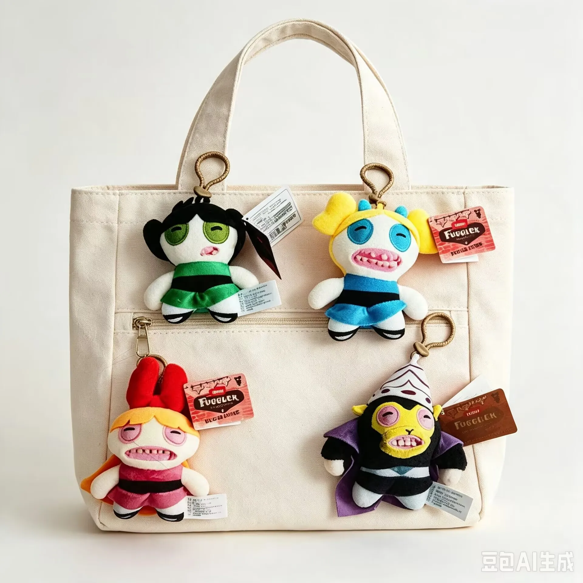ZUR Fuggler Powerpuff Girls Plush Keychain Cute Monster Soft Stuffed Doll Bag Charm Pendant Collectible Toy for Kids Gift