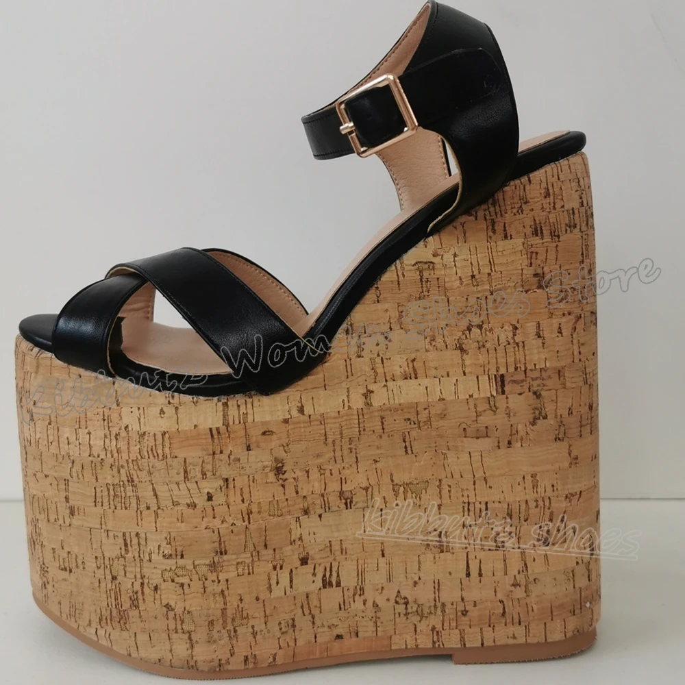 Patchwork Sandals Platform Round Toe Height Increasing Cross Strap Leather Fashion Novelty Sexy Elegant Concise Women Shoes New