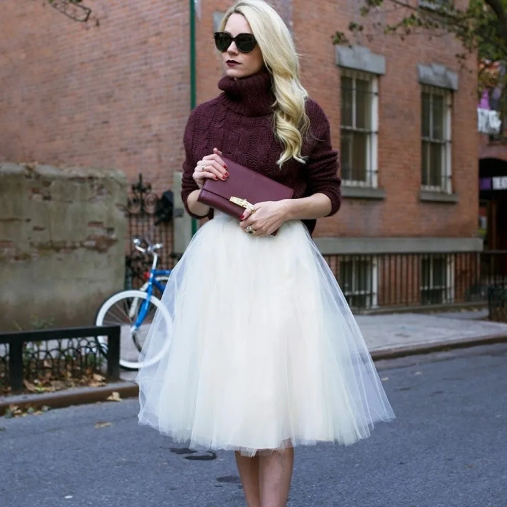 Fashion High Waist Puffy Skirts Soft Mesh Gauze Skirts Solid Color Pleated Skirts Women Dress