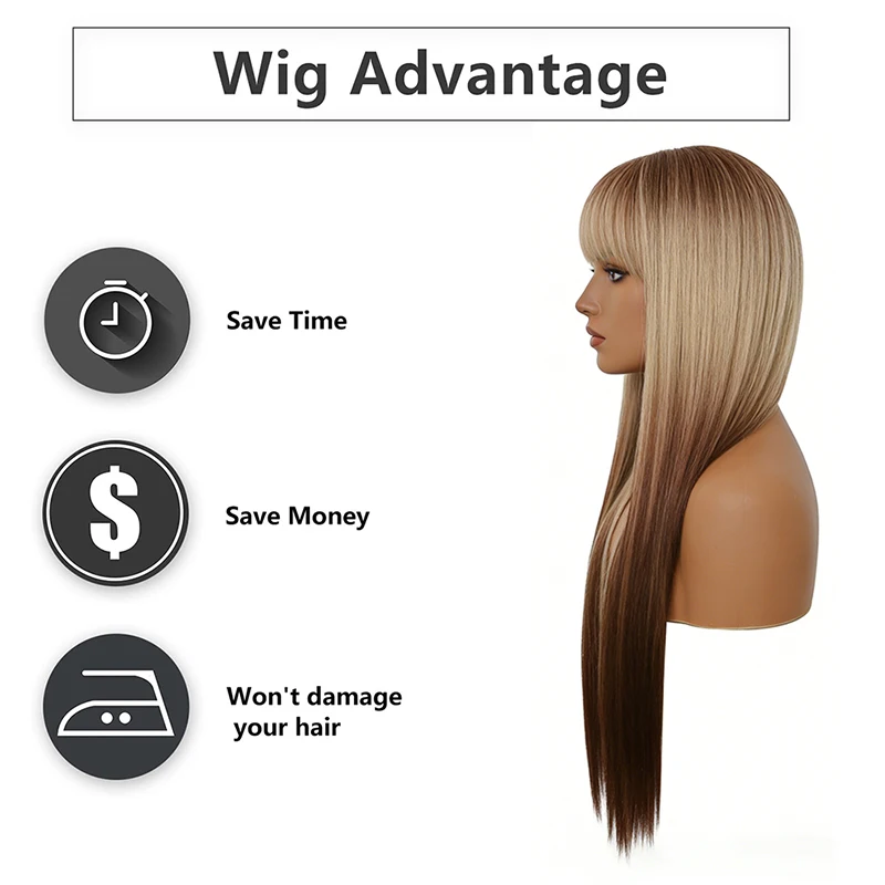 Long Straight Brown Blonde Balayage Ombre Wig For Women Air Bangs Pre Styled Fluffy Heat Resistant Synthetic Wig For Party Cos