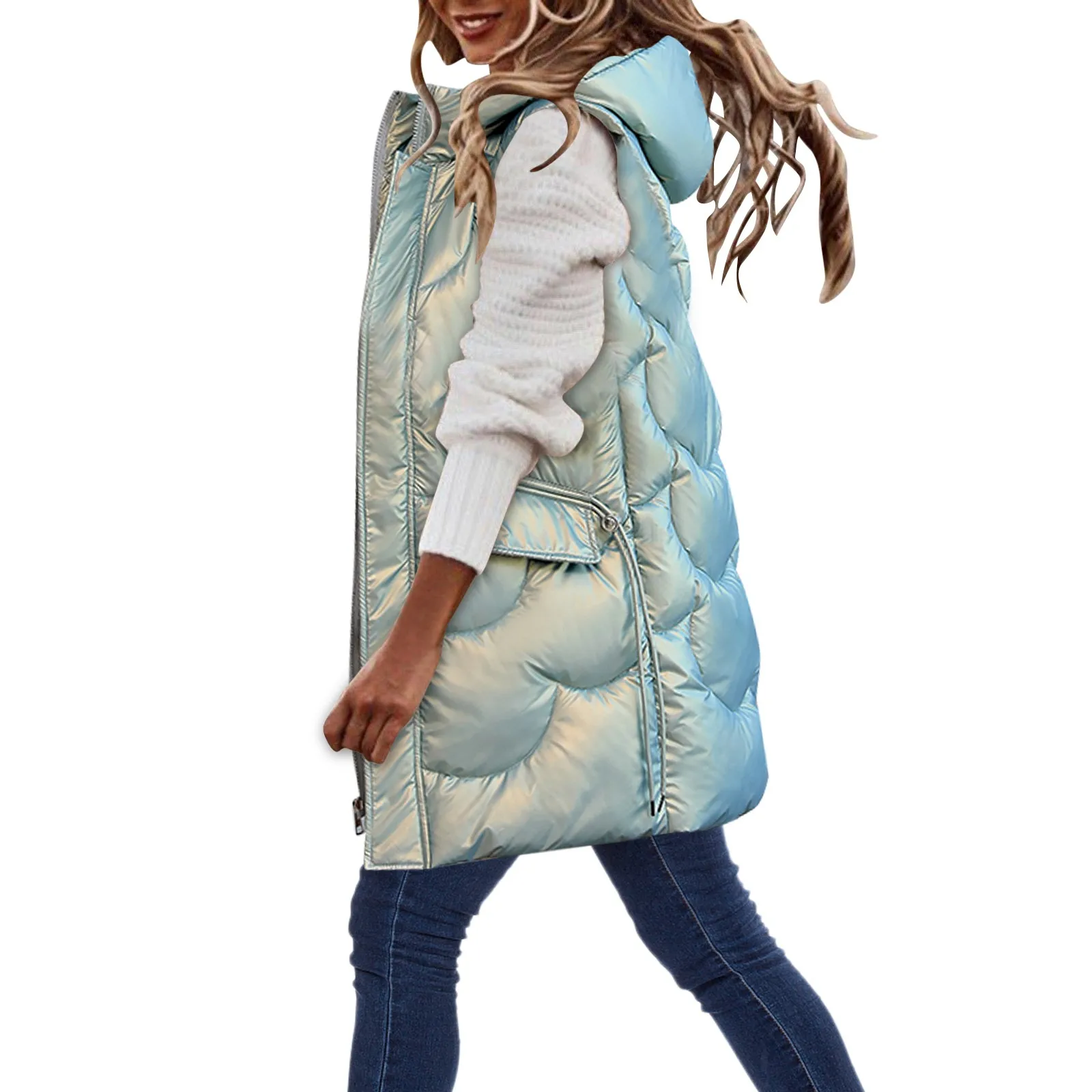 2024 Women's Long Winter Coat Vest Hooded Sleeveless Thick Warm Down Coat Pockets Quilted Vest Female Down Jacket Outdoor NEW