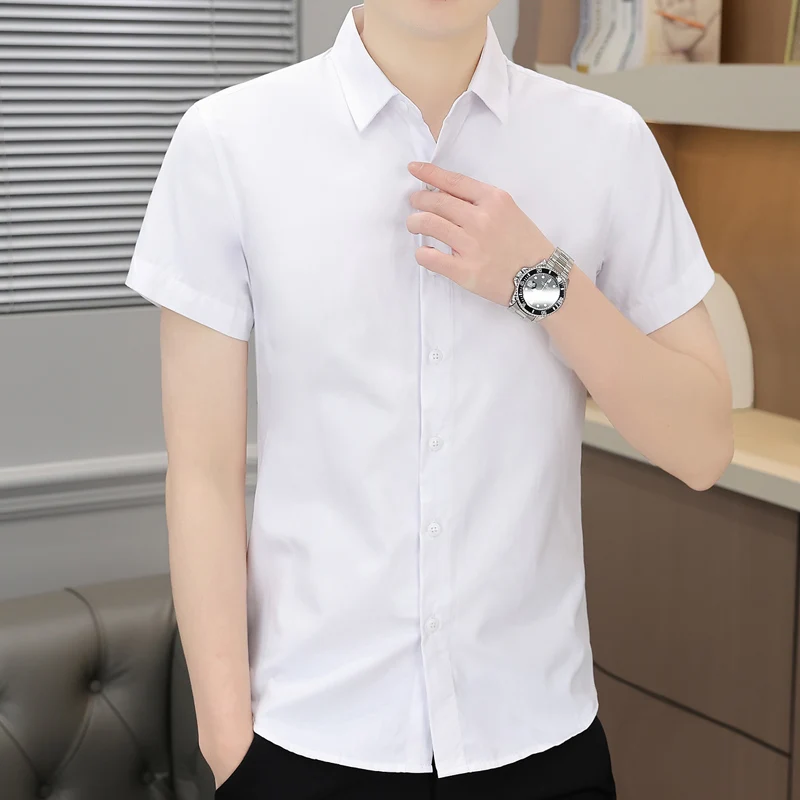 Summer Men\'s Clothing Turn-down Collar Solid Color Button Short Sleeve Cardigan Shirt Business Boyfriend Office Lady Tops