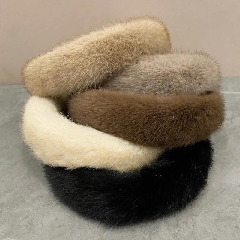 New Retro Maillard Imitated Mink Plush Fur Sponge Autumn and Winter Skull Top Headband High Sense Hairpin with Broad E