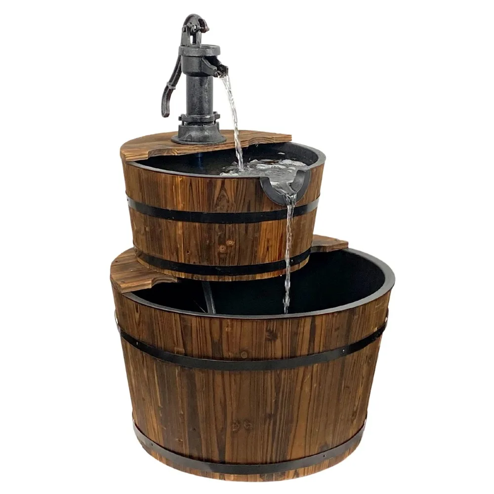 10 Gallons Cascading Water Fountain, 2-Tier Wood Wine Barrel Fountain with Adjustable Pump, 35