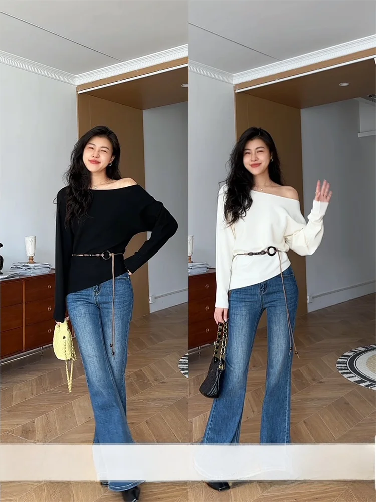 

Autumn New Sle Zhang a Xing Heart Tob Knitted Waist-Cinching Denim Flared Pants Casual Faion Set for Women 25-35 Years Old