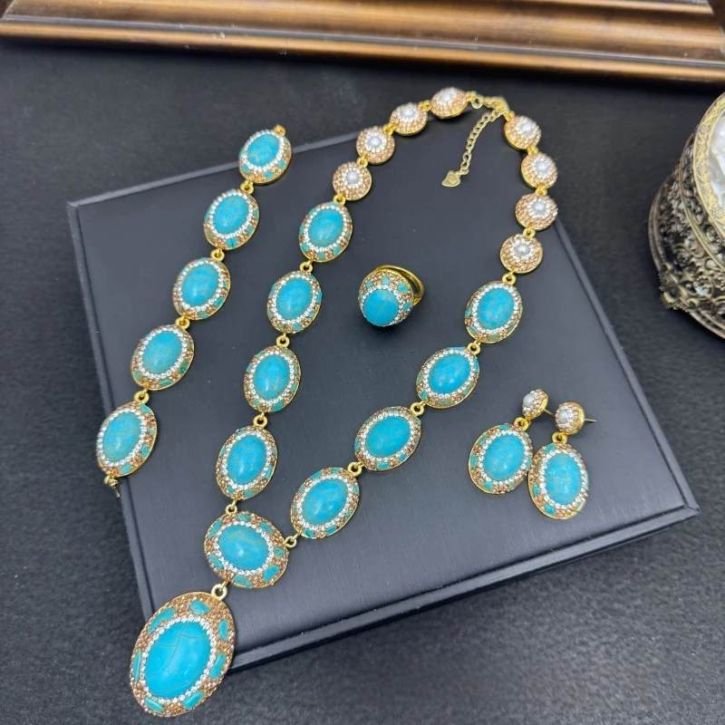 

Square Turquoise Quartz Pendant Inlaid Natural Tourmaline Beaded Necklace Earring Ring Ethnic Style Freshwater Pearl Jewelry Set