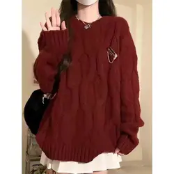 Korean New Fashion Simple Round Neck Loose Long Sleeve Sweater Women's Autumn Winter New Warm Loose Patchwork Braid Knit Top