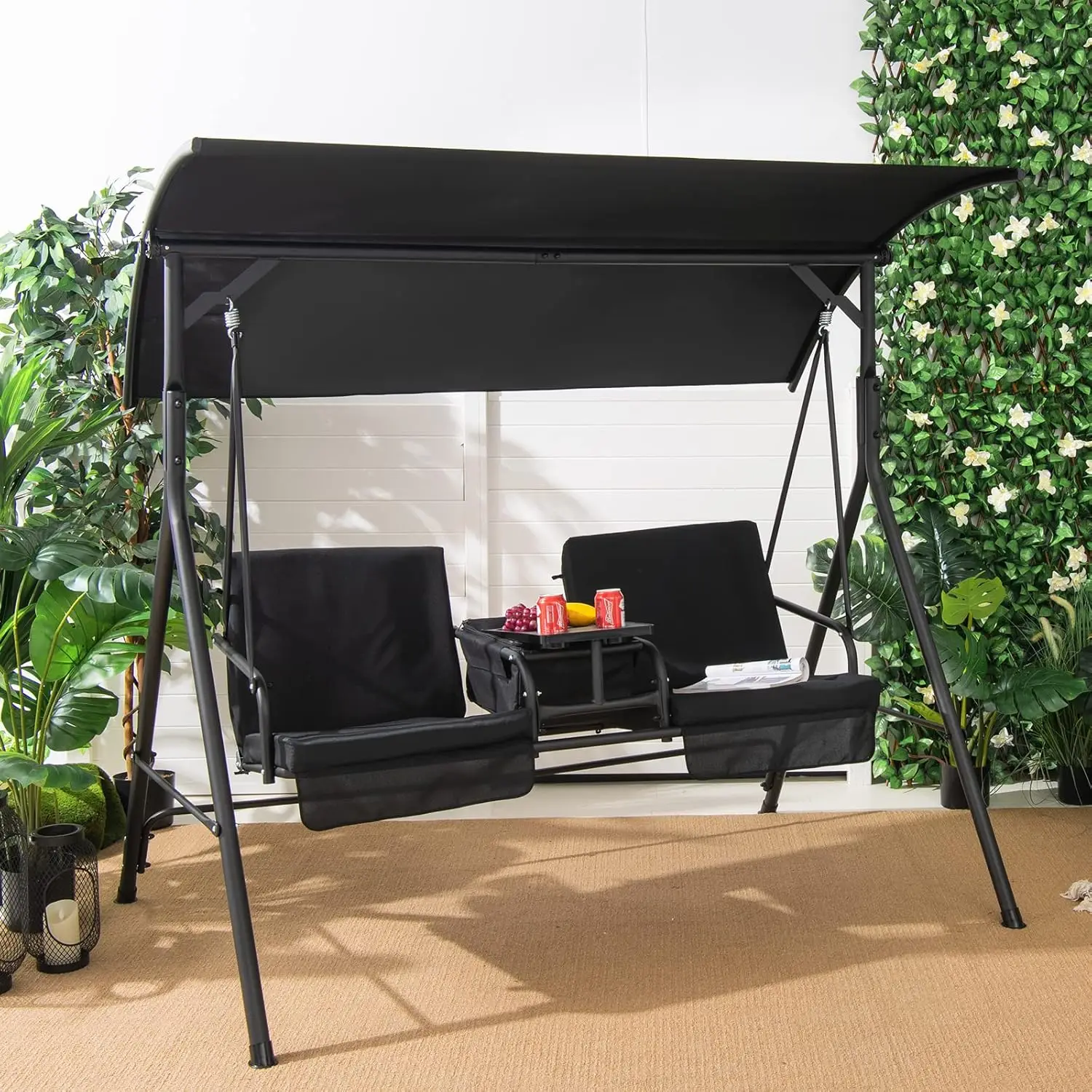 o*-2 Person Porch Swing, Outdoor Swing with Pivot Storage Table, Cooler Bag, 2 Cup Holders, Removable Cushions, Patio,