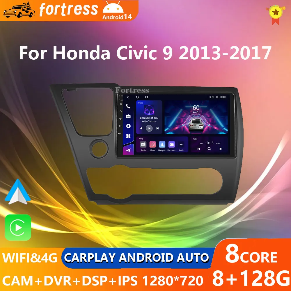 FortressFor Honda Civic9 2013 2014 2015 2016 Android 12 Carplay Car Radio Multimedia Video Player GPS Navigation 2 Din Autoradio