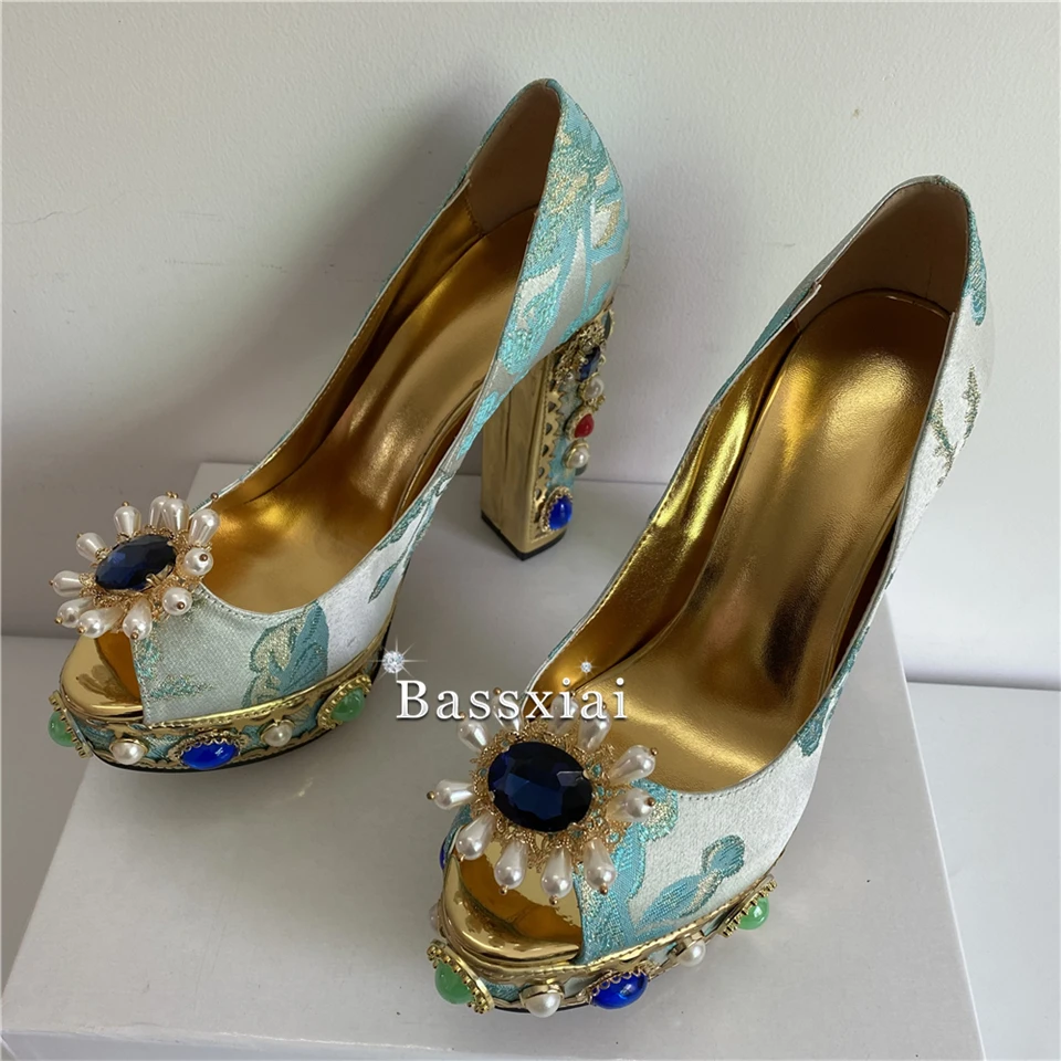 Beaded Rivet Pearl Plarform Party Shoes Woman Chunky Heel Peep Toe Luxury Embroidery Satin Rhinestone Women Pumps