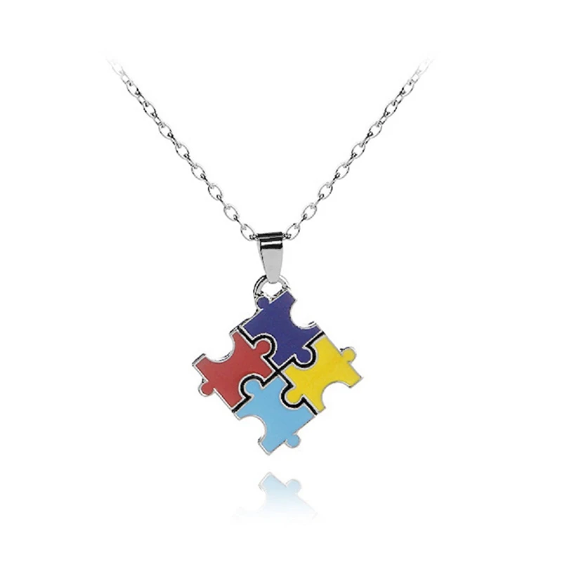 Creative Multi Color Puzzle Autism Awareness Enamel Pendant Necklace Best Friend Ladies Fashion Jewelry Accessories Gift Wholesa