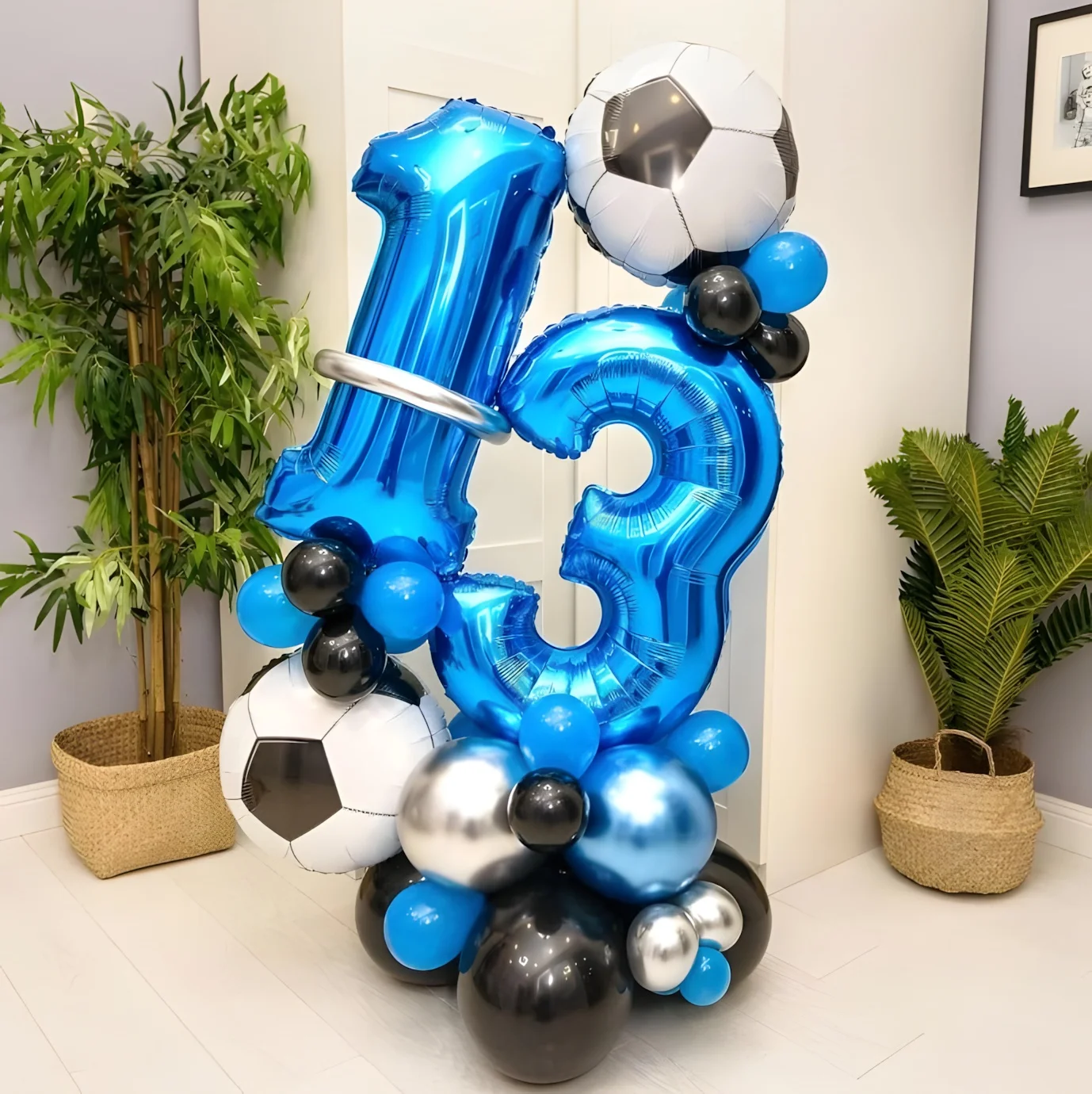 30-Piece Soccer Balloon Kit – 32" Blue 0-9 Digit Foil Balloons & Round Soccer Balls, Perfect for Boys’ Baby Birthday Party