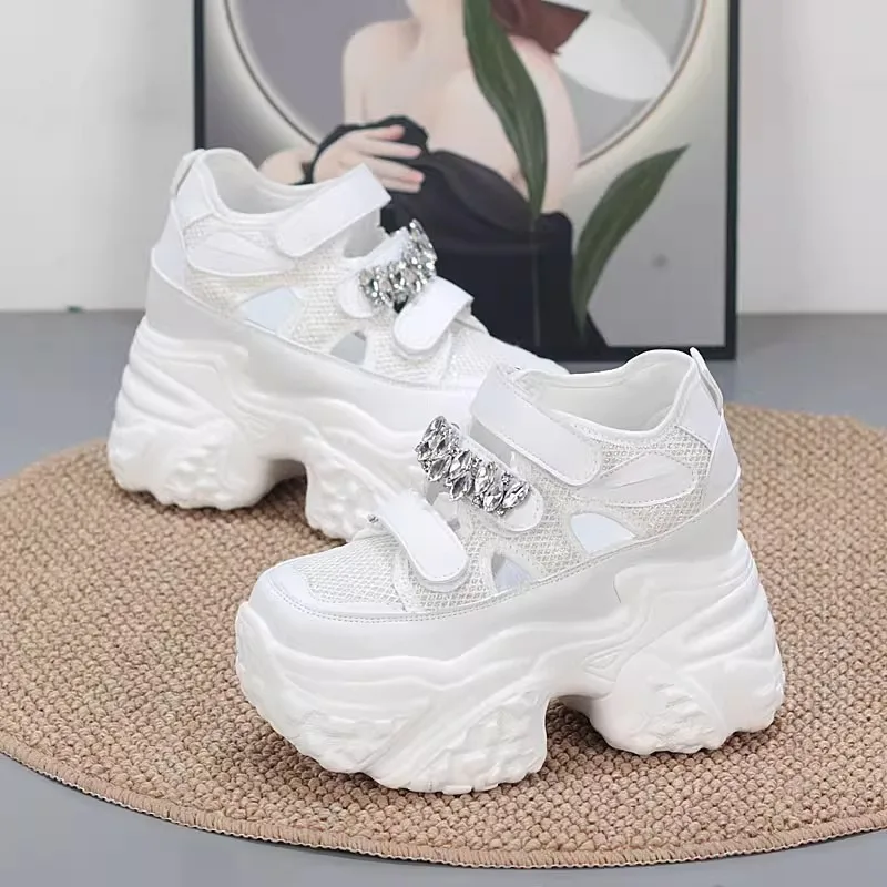 10CM Thick Soled Muffin Daddy Shoes Mesh Breathable Super High Heels Inside Increase Hollowed Out Bright Diamond Women's Shoes