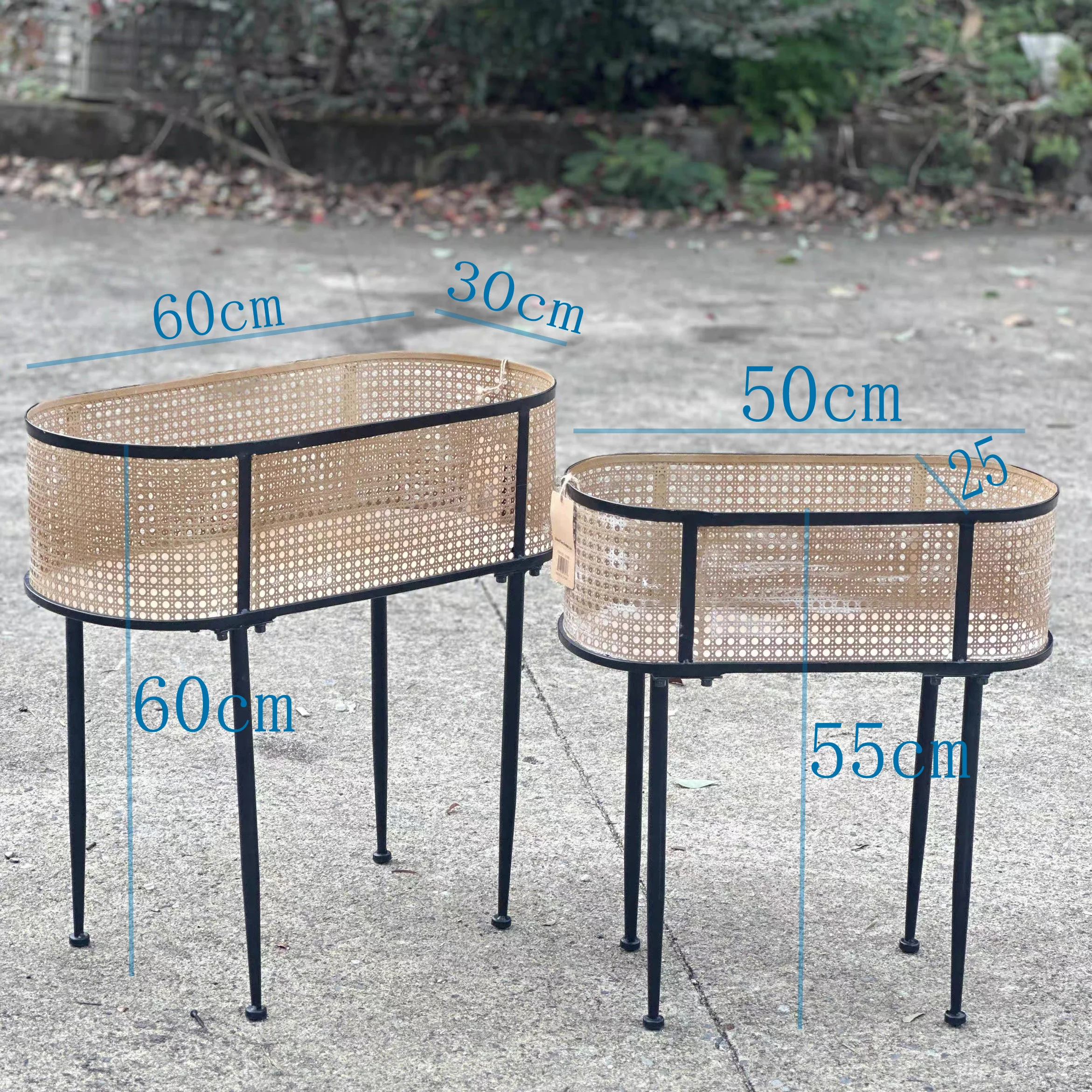 Rattan Cane Webbing Oval Planter Stands with Black Metal Frame, Natural Woven Storage Baskets on Legs, Set of 2 (Large: 60x30x60