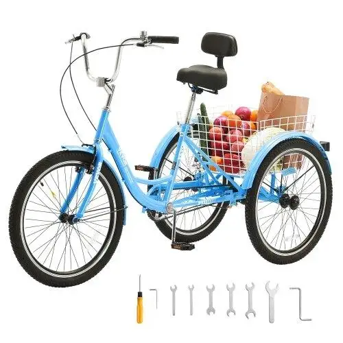 24-Inch Adult Tricycle - 3-Wheel Cruiser Bike with Basket & Adjustable Seat for seniors , Women, Men - Blue