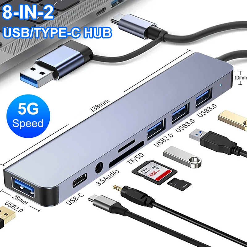 8-in-2 Port USB C Expander USB 3.0 Hub Type C Splitter Type C Dock Multiport 8 Port Adapter USB Expander For Xiaomi Phone Tablet