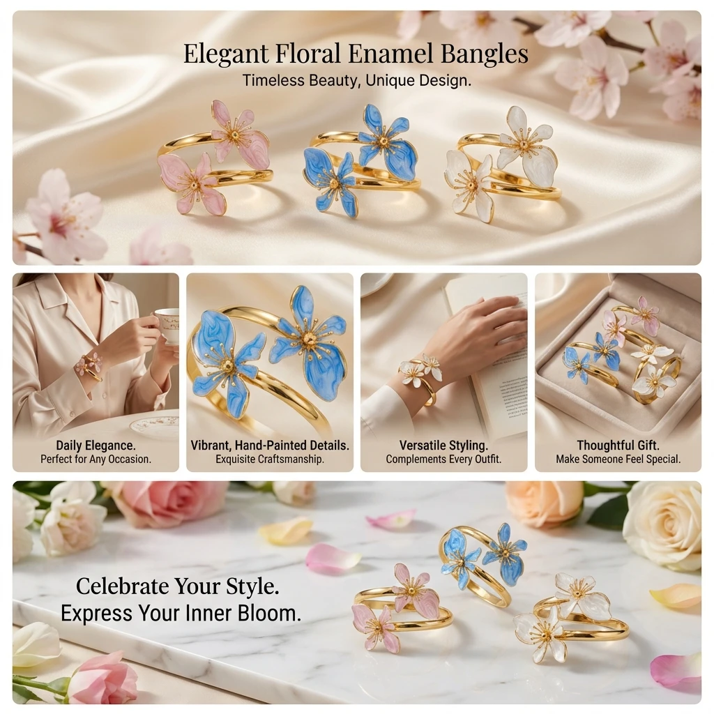 Direkt vom Hersteller: Elegantes, vergoldetes, verstellbares offenes Armreif mit Emaille-Blumen für Damen – Ästhetischer Partyschmuck als Geschenk – Detail 3