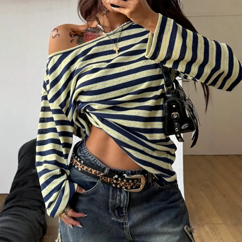 OMSJ Color-blocking Stripes Trendy Hipster T Shirt Long Sleeves Loose Fitting Pullover Casual Tees Top Hip Hop Simple Streetwear