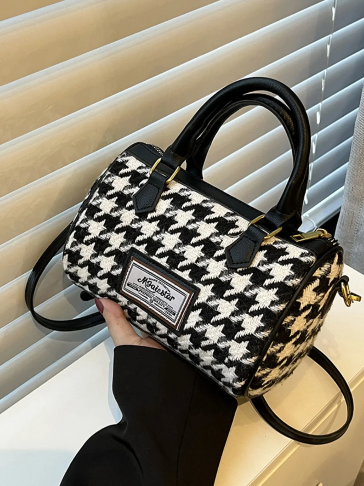 Woolen Houndstooth Crossbody Bag For Women Autumn Winter New Luxury Designer Black Female Handbag Boston Shoulder Bag