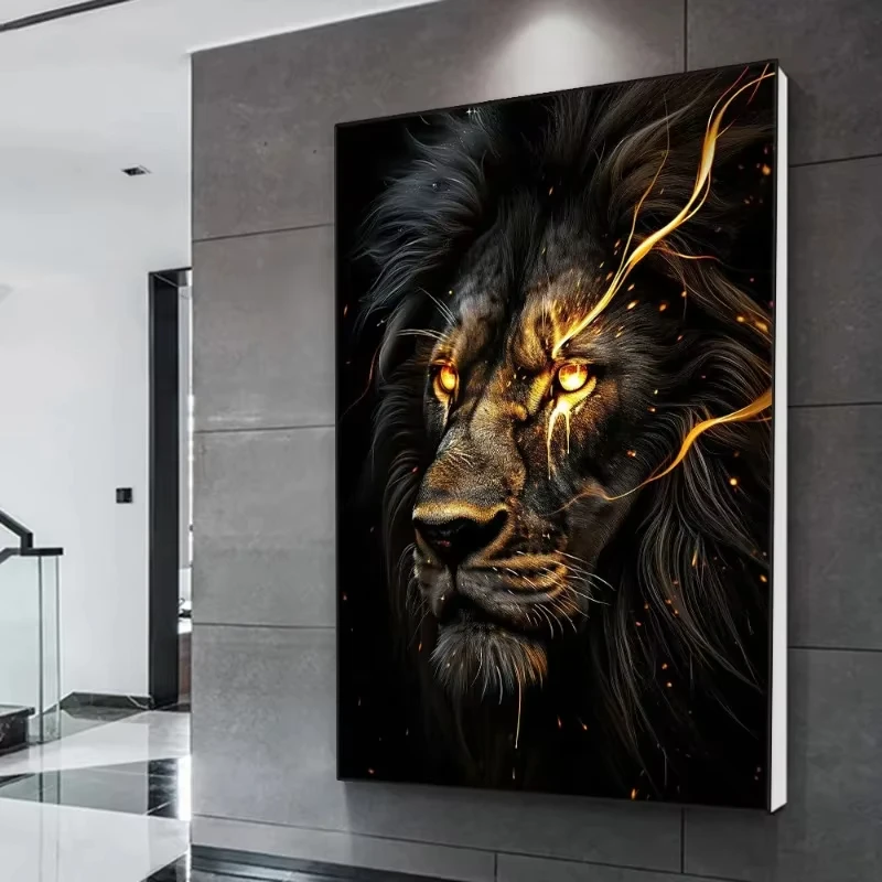AA Classic Vintage Animal Wall Art Black Gold Light Coloured Lion HD Canvas Printed Poster Home Living Room Bedroom Decoration