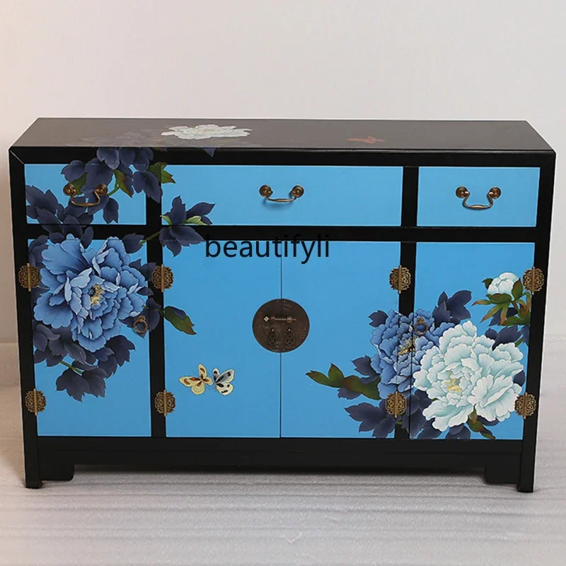 

New Chinese hand-painted paint cabinet, classical hand-painted entrance hall cabinet, living room blue furniture
