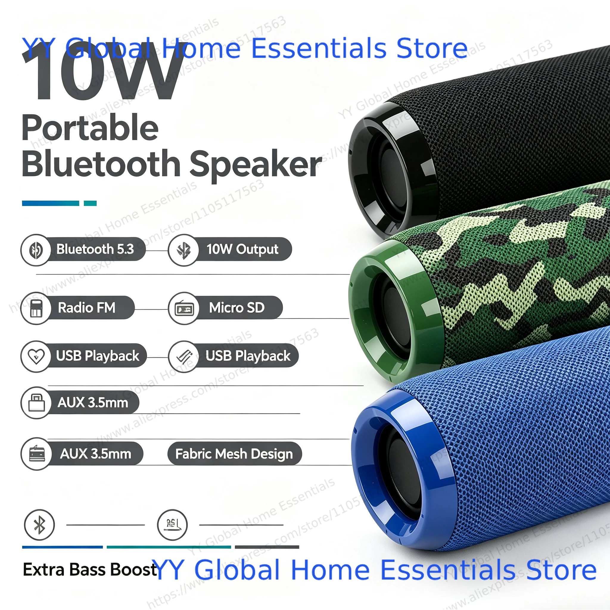 Altoparlante Bluetooth Portatile WR36 10W con Extra Bass, Altoparlante Wireless da Esterno, Supporta Radio FM, Scheda TF, USB, AUX, Altoparlante Stere
