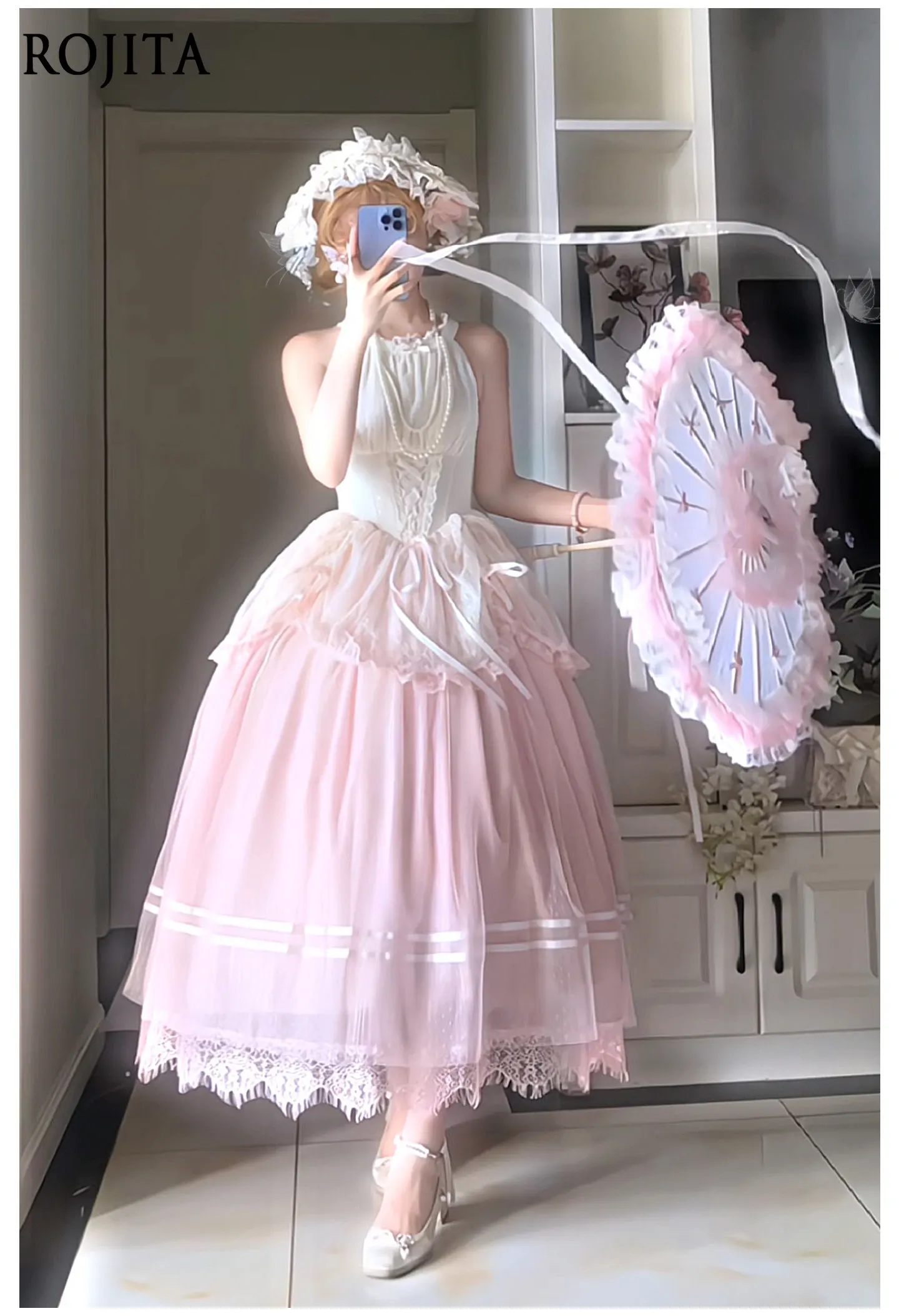 Vintage Lolita Halter JSK Pink & Light Purple Lace Ruffle Panel Cross Lace Up Back Voluminous Tiered Mesh Suspender Dress