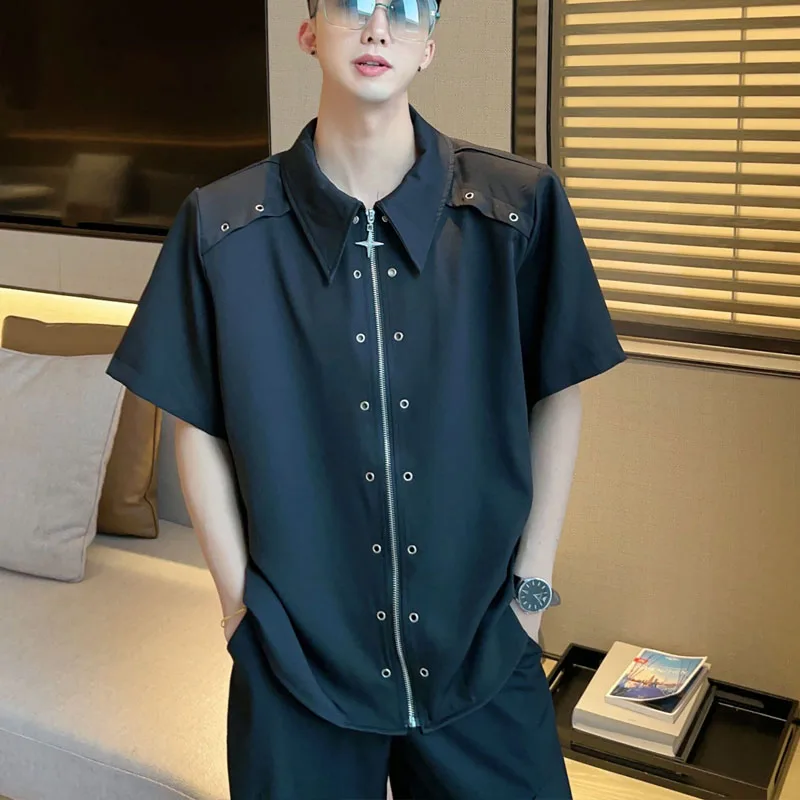 

American Style High Street Niche Metal Shirt Male Loose Lapel Collar Zipper Solid Color Casual Short Sleeved All-match Shirt