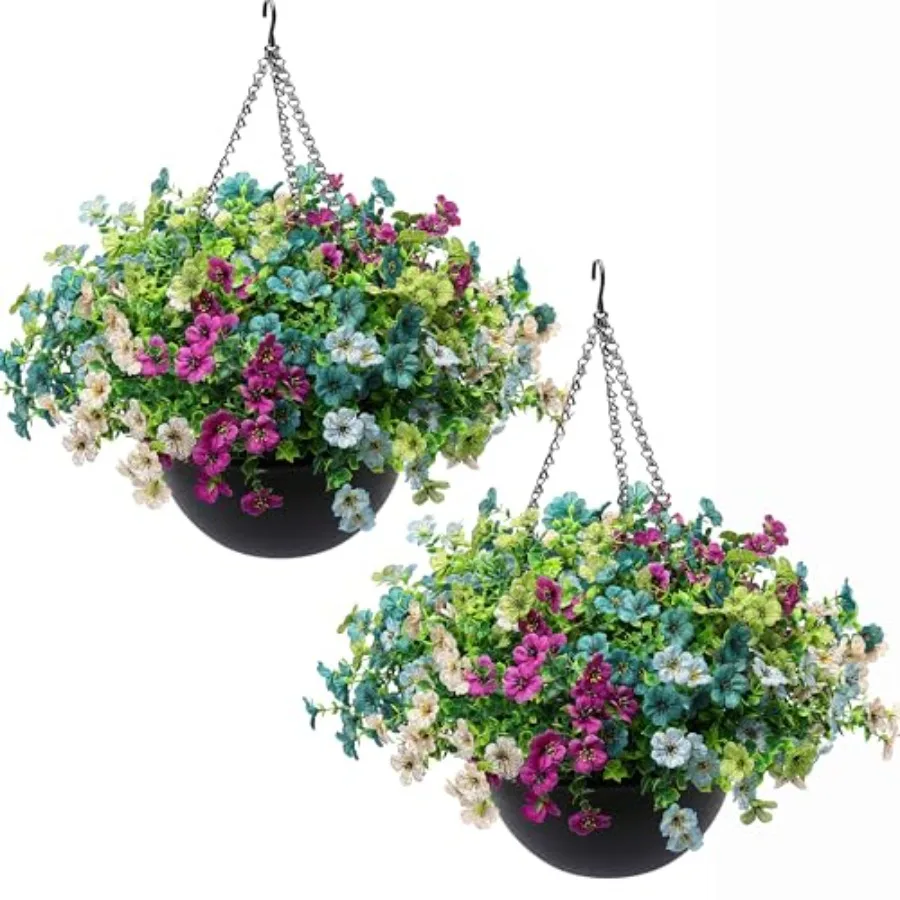 

2 комплекта искусственных подвесных растений с корзиной для улицы, 30 пучков, УФ-стойкий искусственный шелковый эвкалипт, зеленый декор для весны и лета