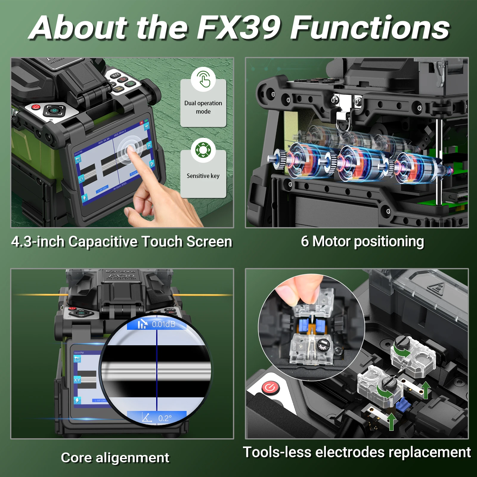 Komshine  FX39 Core Alignment Fiber Optic Fusion Splicer 6 Motor Welding Machine W/Fast Splicing &Heating Time, 3 Years Warranty
