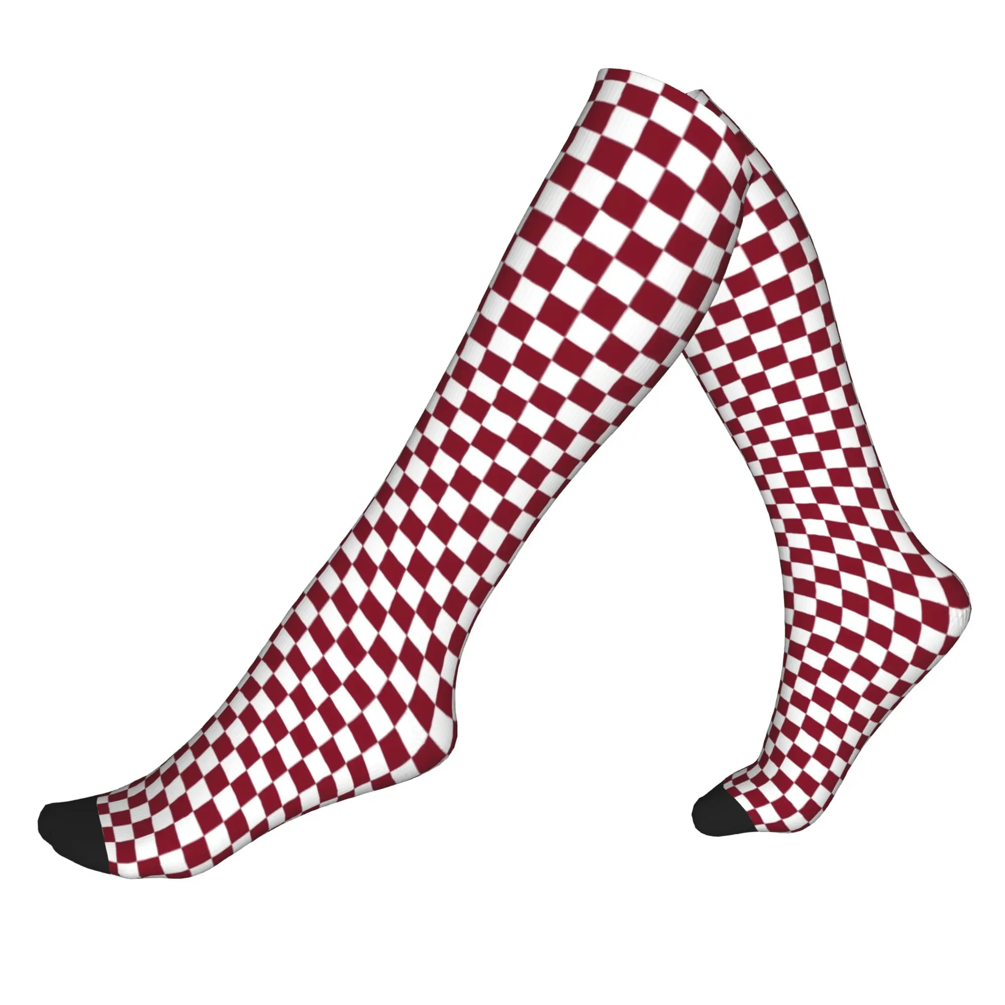 Harajuku White and Burgundy Red Checkerboard Plaid Socks Women Men Warm 3D Printing  Football Sports Sports Compression Socks