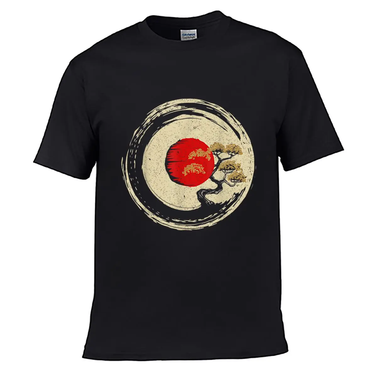 Japanese Zen Enso Bonsai Red Sun Men Summer Washed Tee Loose Distressed Top