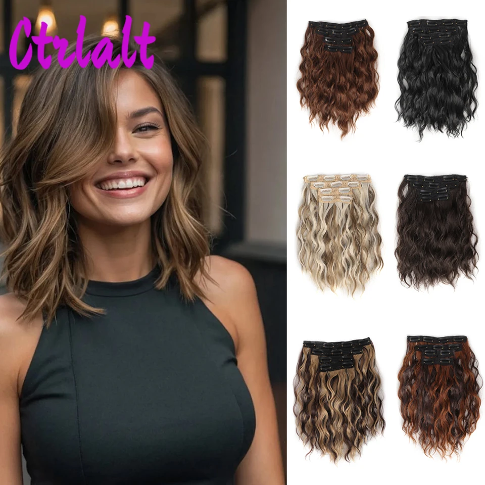 

Synthetic 4 Pieces Set Invisible Clip In Hair Extensions Piece 12 Inch Wavy Curly Short Hairpieces For Women Hair Clips