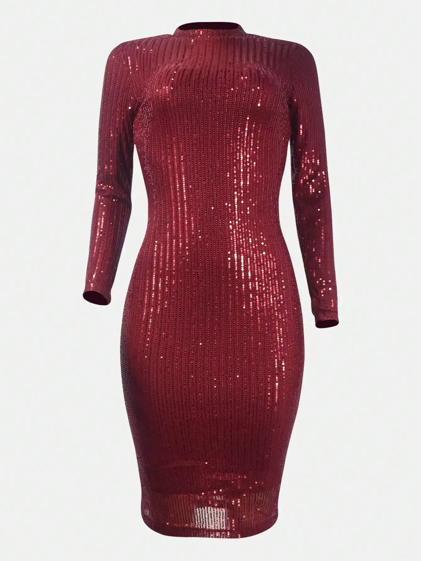 

Красное платье-миди с пайетками, высоким воротником и длинными рукавами, облегающее, для вечеринок, коктейлей и торжественных мероприятий