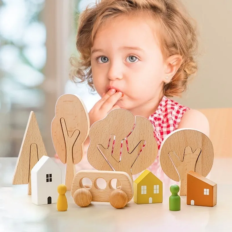 Giocattolo da costruzione in legno per bambini albero da colorare fai da te educativo gioco di Puzzle Montessori regali decorazione della stanza puntelli fotografici