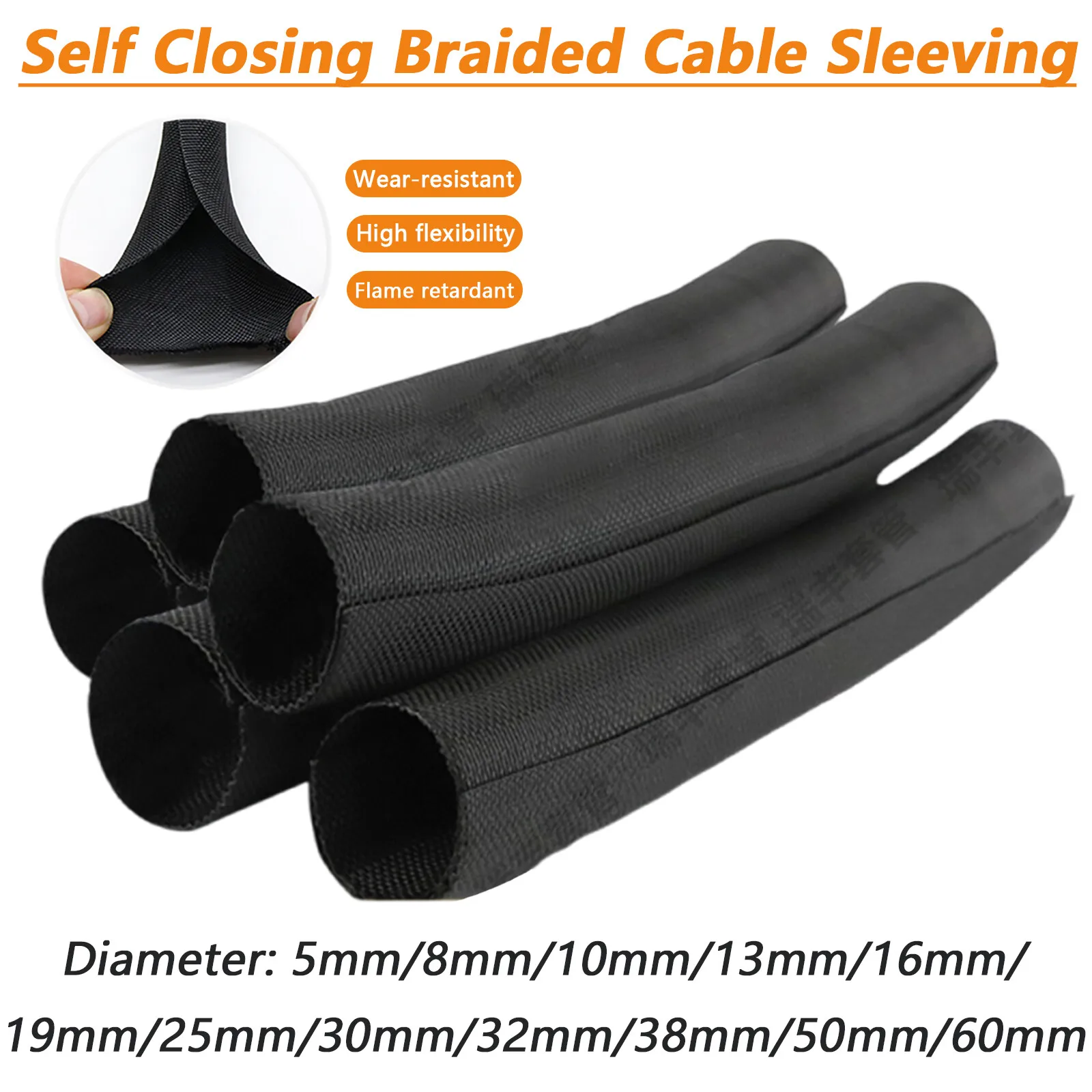 1/2/5/10Meter Self Closing Braided Cable Sleeving Black 5mm to 50mm Wire Harness, Auto, Sheathing