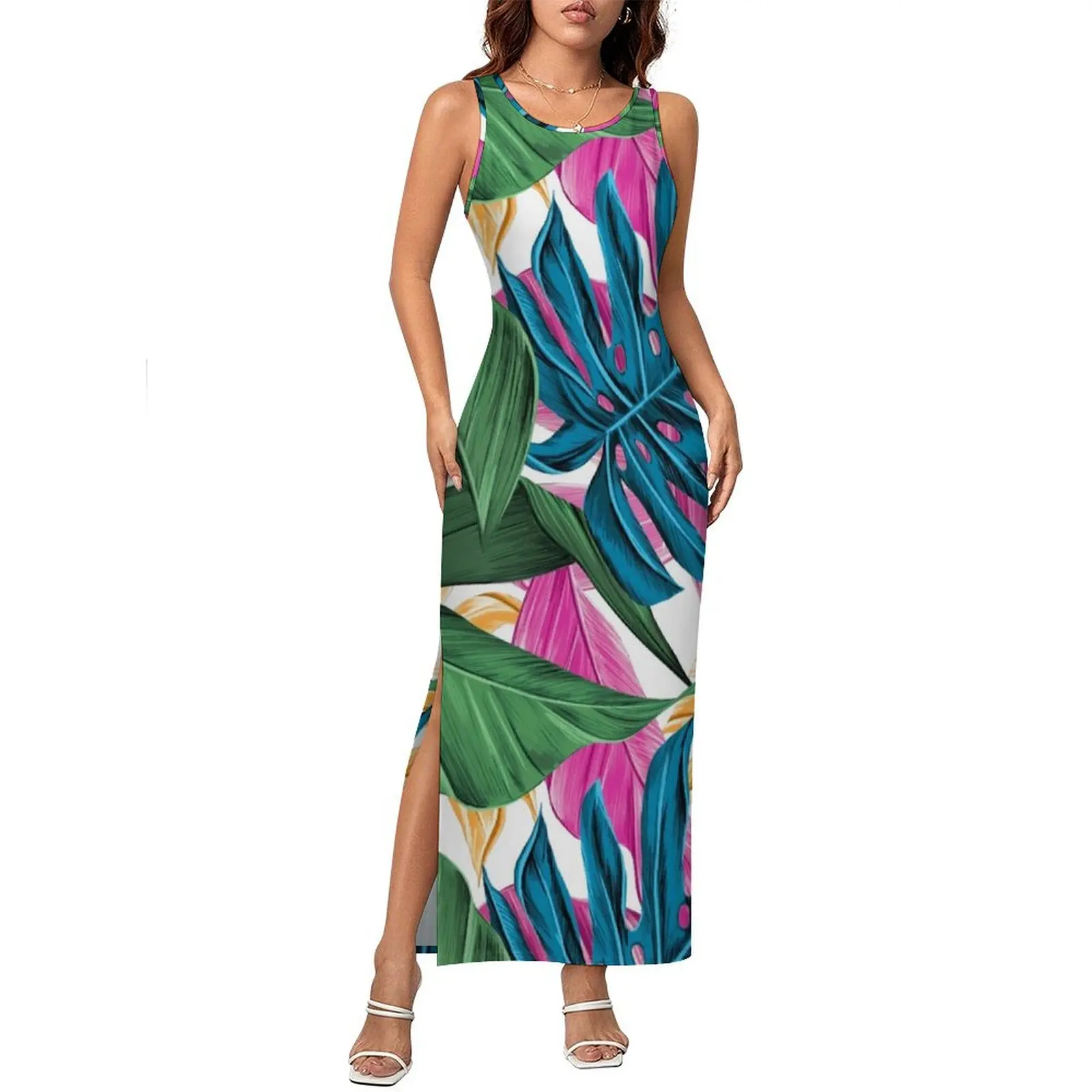 Colorful Leaves Dress Sleeveless Tropical Palm Print Casual Y2k Maxi Dresses Vintage Bodycon Dress Women Custom Oversize Vestido