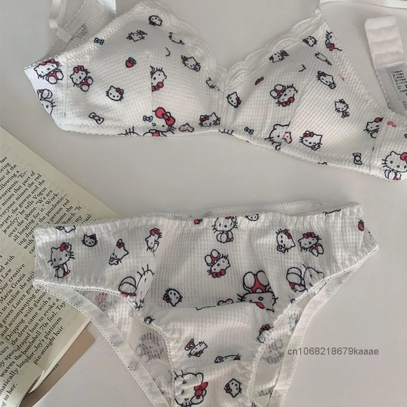 Sanrio Hello Kitty Kawaii Cartoon Plaid Sweet Soft Y2k Girl Student Underwear Female No Steel Rim Comfortable Lace Edge Bra Set