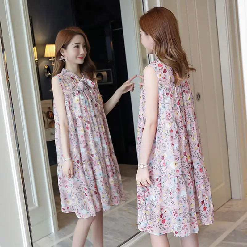 Fashion V-Neck Lace Up Bow Printed Sweet Sleeveless Dress Female Clothing 2024 Summer New Loose Korean Chiffon Floral Dress