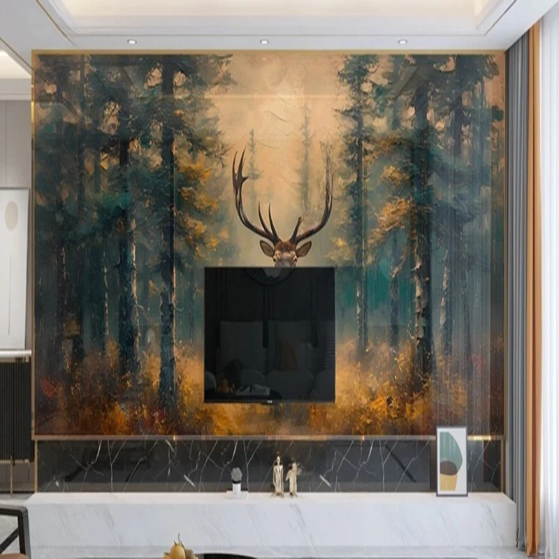 Custom Photo Mural Cartoon 3D Hand Drawn Deer Animal Forest Tree Pattern Wallpaper Home Bedroom Decoration Wall Hanging Painting