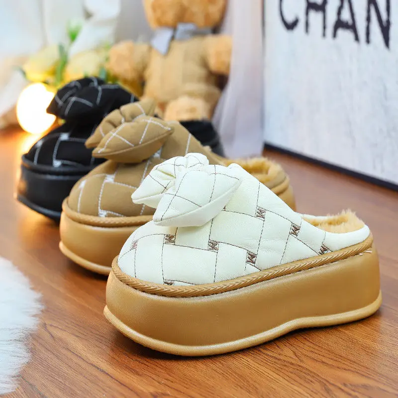 

New 6 cm high heel fur slipper winter woman waterproof home shoes women faux leather chunky slipper lady bowknot platform mules